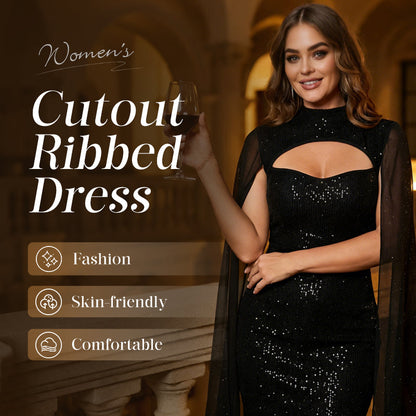 Women's Cutout Ribbed Dress with Chiffon Cape