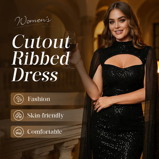 Women's Cutout Ribbed Dress with Chiffon Cape