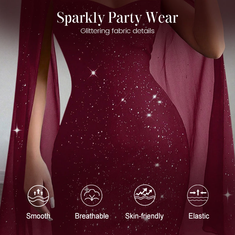 Women's Cutout Ribbed Dress with Chiffon Cape