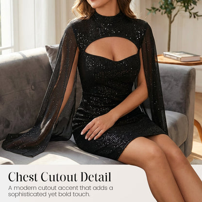 Women's Cutout Ribbed Dress with Chiffon Cape
