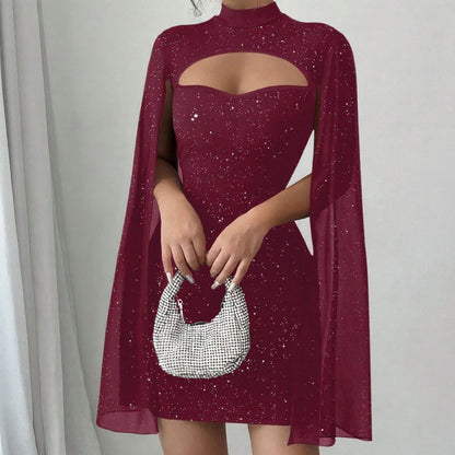 Women's Cutout Ribbed Dress with Chiffon Cape
