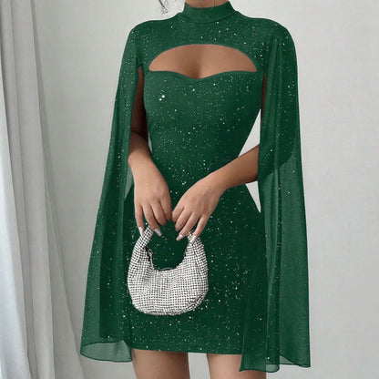 Women's Cutout Ribbed Dress with Chiffon Cape