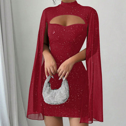 Women's Cutout Ribbed Dress with Chiffon Cape