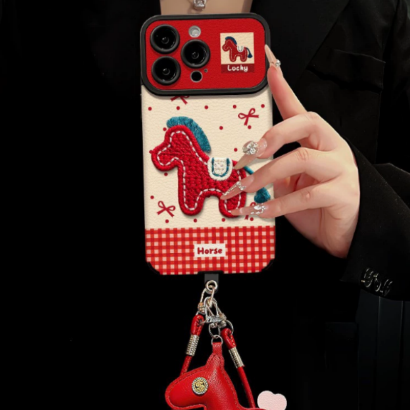 Cute Horse Embroidered Phone Case with Doll Lanyard
