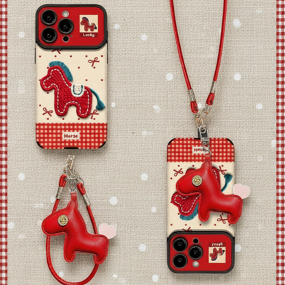 Cute Horse Embroidered Phone Case with Doll Lanyard