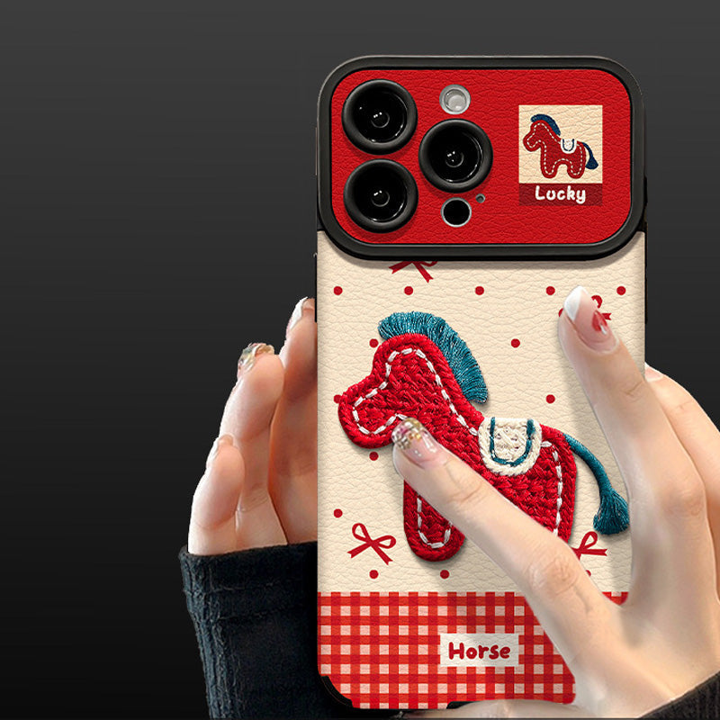 Cute Horse Embroidered Phone Case with Doll Lanyard