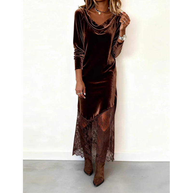 Elegant Cowl Neck Dress with Lace Trim