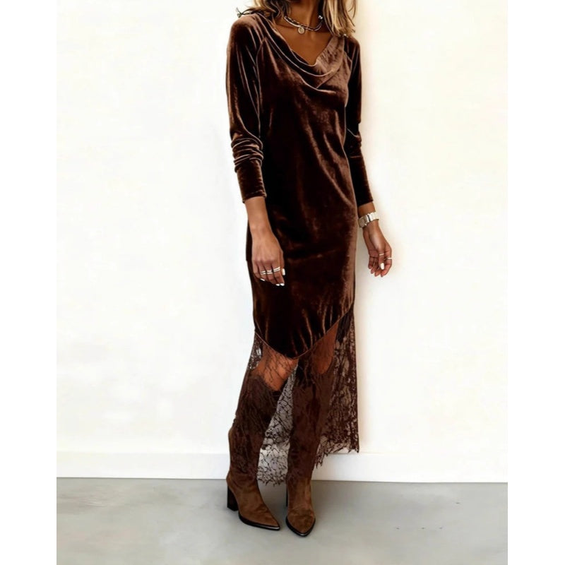 Elegant Cowl Neck Dress with Lace Trim