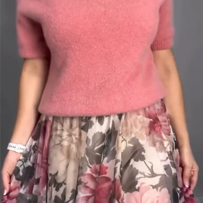 Elegant Floral Knit Top & Midi Skirt 2-Piece Set
