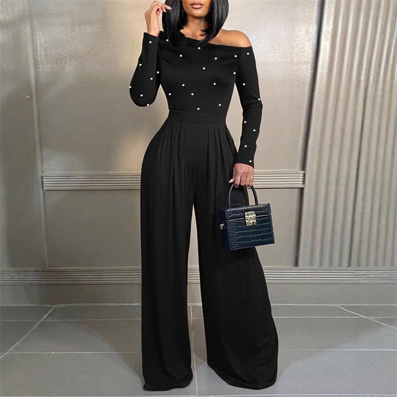 Women’s One-Shoulder Faux Pearl Wide-Leg Jumpsuit