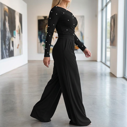 Women’s One-Shoulder Faux Pearl Wide-Leg Jumpsuit