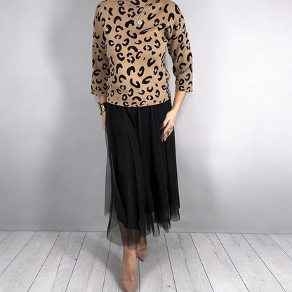 Women's Leopard Print Top & Mesh Skirt 2-Piece Set