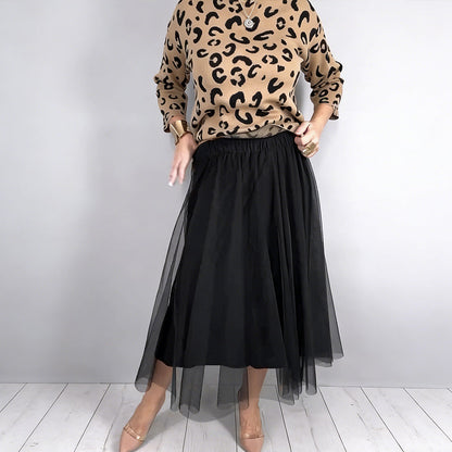Women's Leopard Print Top & Mesh Skirt 2-Piece Set