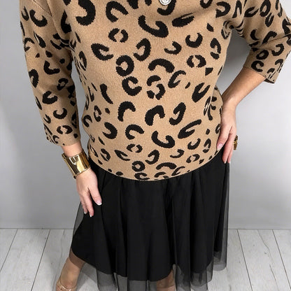 Women's Leopard Print Top & Mesh Skirt 2-Piece Set