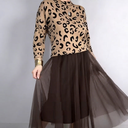 Women's Leopard Print Top & Mesh Skirt 2-Piece Set
