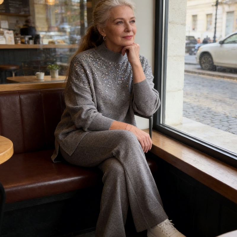 Rhinestone Embellished Knit Sweater & Pants Set