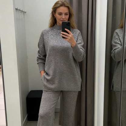 Rhinestone Embellished Knit Sweater & Pants Set