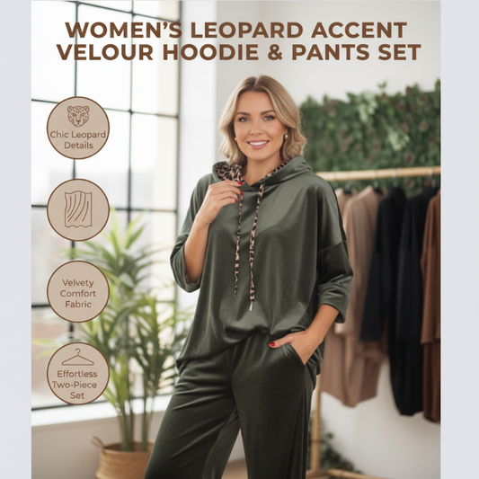 Women's Leopard Accent Velour Hoodie & Pants Set