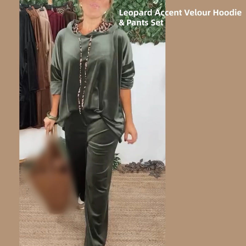 Women's Leopard Accent Velour Hoodie & Pants Set