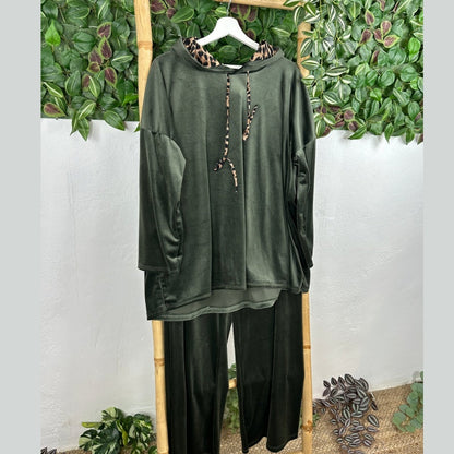 Women's Leopard Accent Velour Hoodie & Pants Set