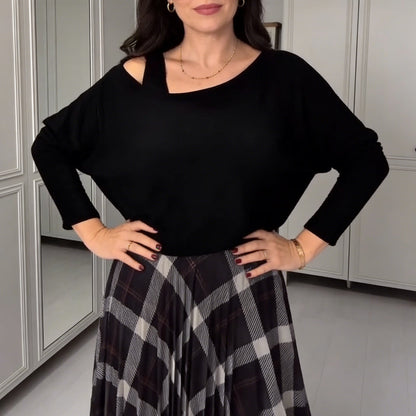 Women's Round Neck Blouse & Sleeveless Plaid Dress 2-Piece Set