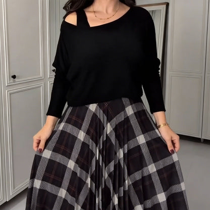 Women's Round Neck Blouse & Sleeveless Plaid Dress 2-Piece Set