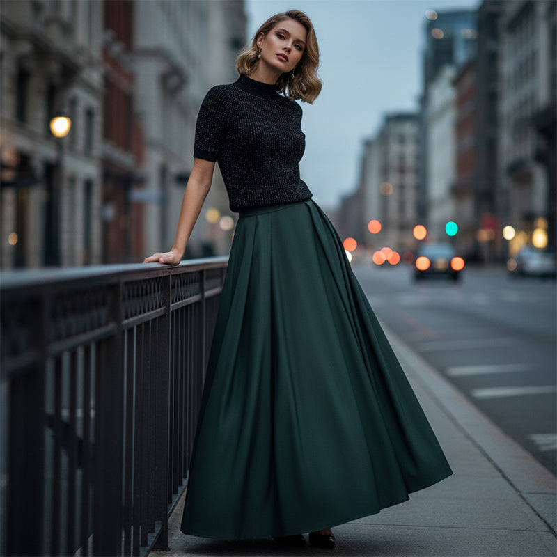 Elegant High-Neck Rhinestone Sweater & A-Line Skirt Set