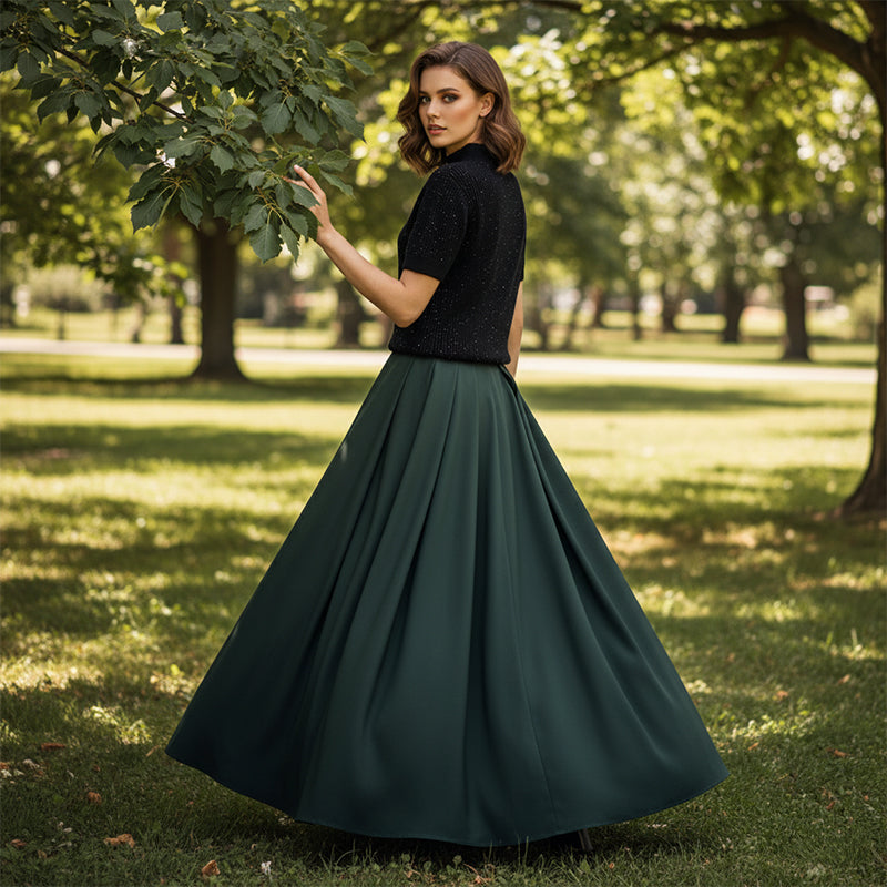 Elegant High-Neck Rhinestone Sweater & A-Line Skirt Set