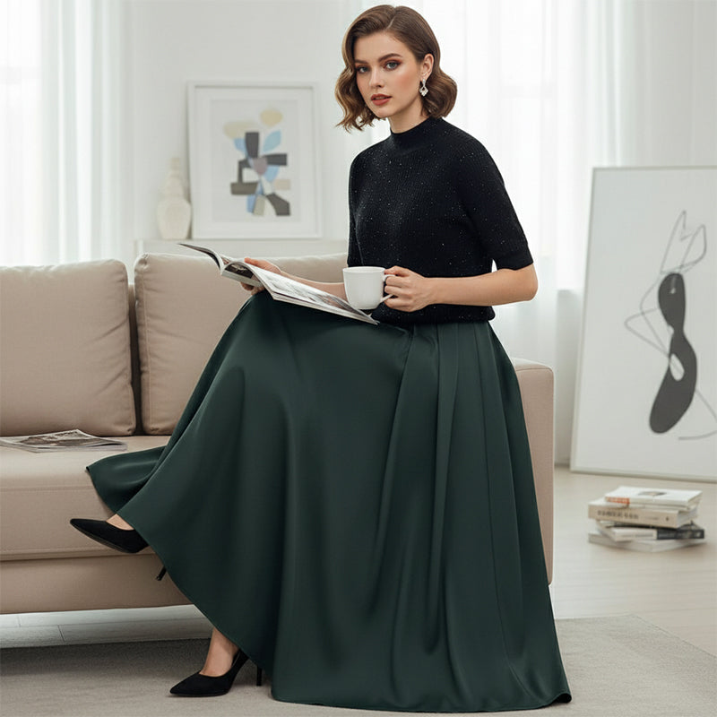 Elegant High-Neck Rhinestone Sweater & A-Line Skirt Set