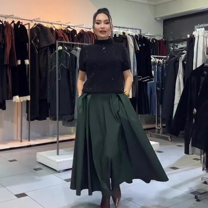 Elegant High-Neck Rhinestone Sweater & A-Line Skirt Set