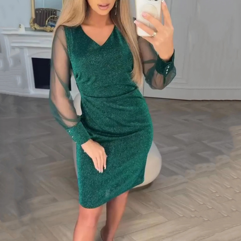 Women's V-Neck Glitter Dress with Sheer Sleeves