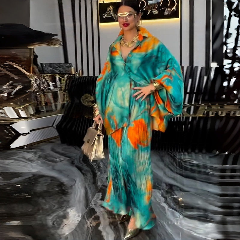 Women's Elegant Flowy Printed Shirt & Wide-Leg Pants 2-Piece Set