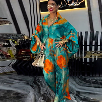Women's Elegant Flowy Printed Shirt & Wide-Leg Pants 2-Piece Set