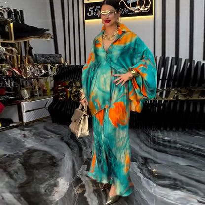 Women's Elegant Flowy Printed Shirt & Wide-Leg Pants 2-Piece Set