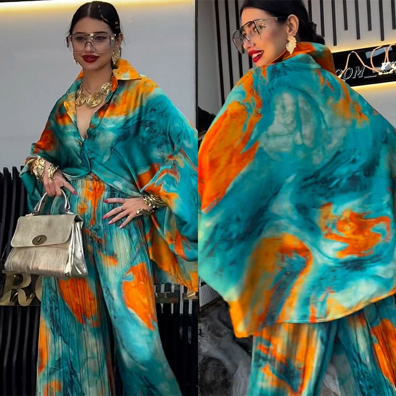 Women's Elegant Flowy Printed Shirt & Wide-Leg Pants 2-Piece Set