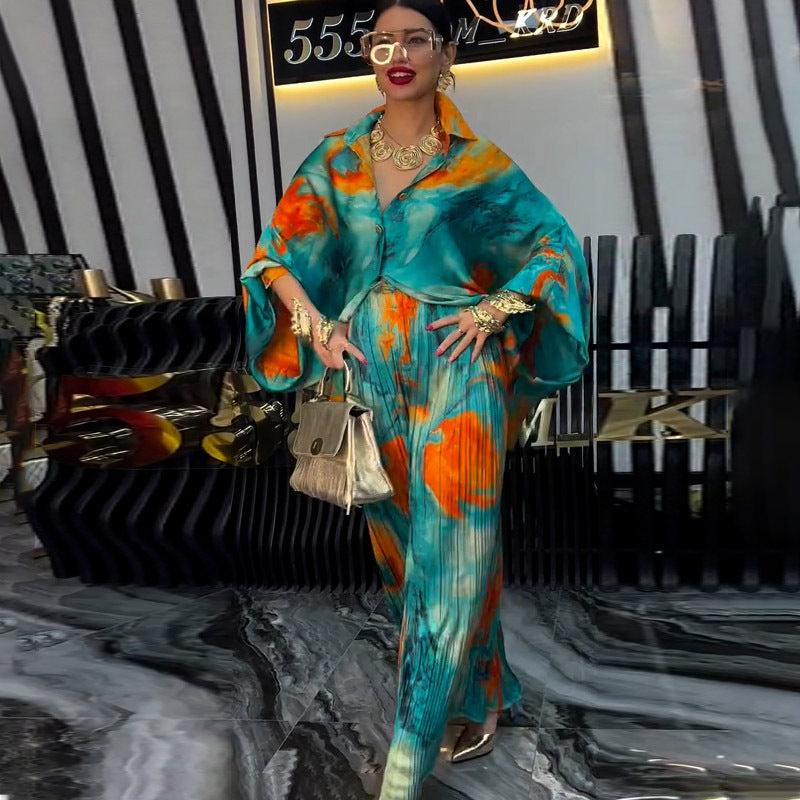Women's Elegant Flowy Printed Shirt & Wide-Leg Pants 2-Piece Set
