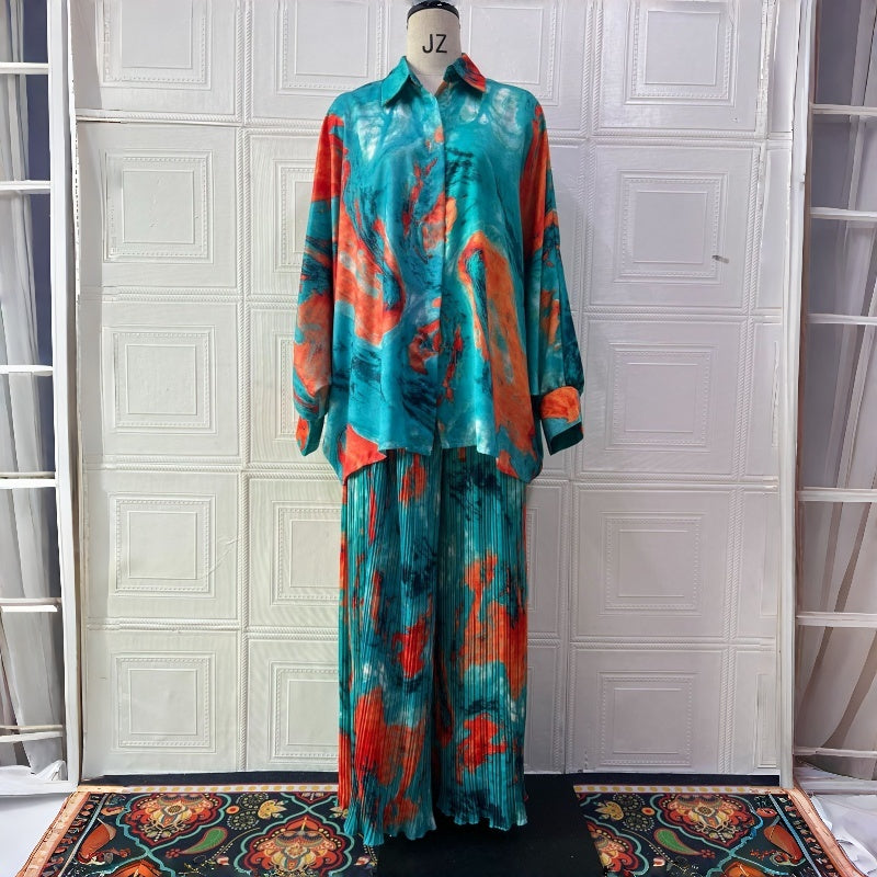 Women's Elegant Flowy Printed Shirt & Wide-Leg Pants 2-Piece Set