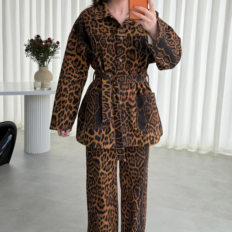 Women's Leopard Print Belted Jacket & Pants 2-Piece Set