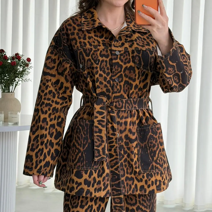Women's Leopard Print Belted Jacket & Pants 2-Piece Set