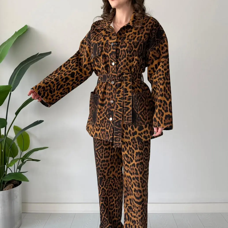 Women's Leopard Print Belted Jacket & Pants 2-Piece Set