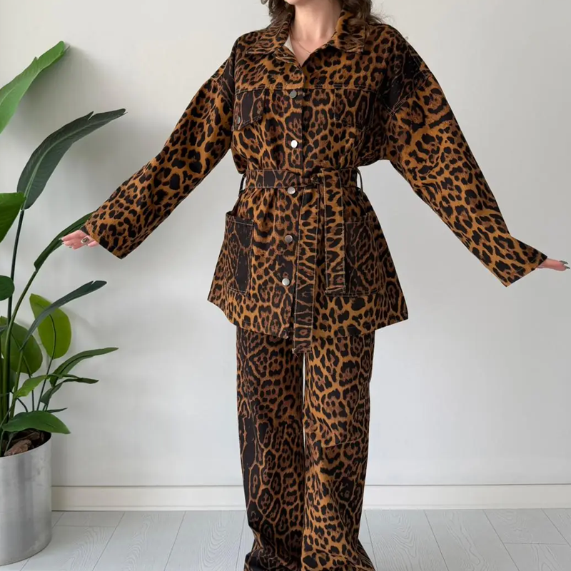 Women's Leopard Print Belted Jacket & Pants 2-Piece Set