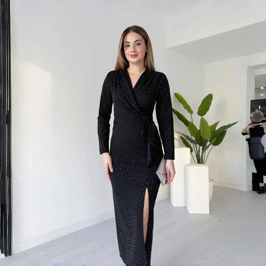 Women's Sparkle V-Neck Wrap Slit Dress