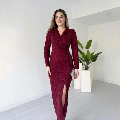Women's Sparkle V-Neck Wrap Slit Dress