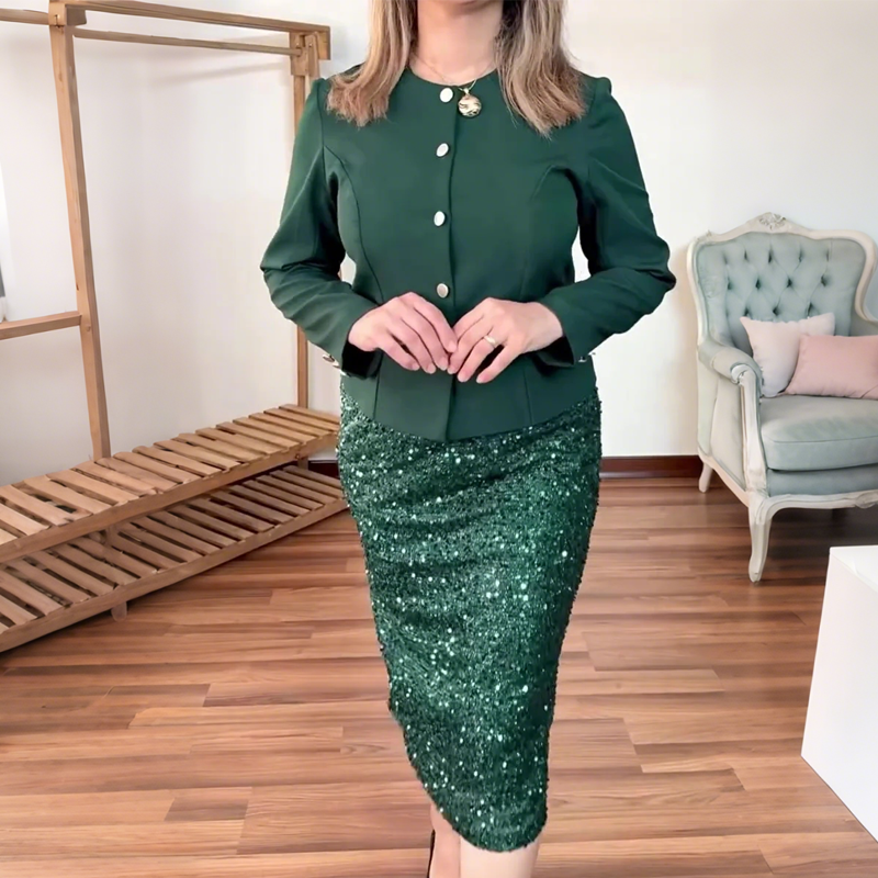 Women's Round Neck Blazer & Sequin Pencil Skirt Set