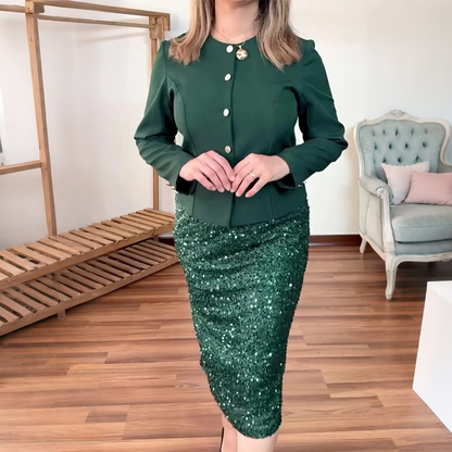Women's Round Neck Blazer & Sequin Pencil Skirt Set