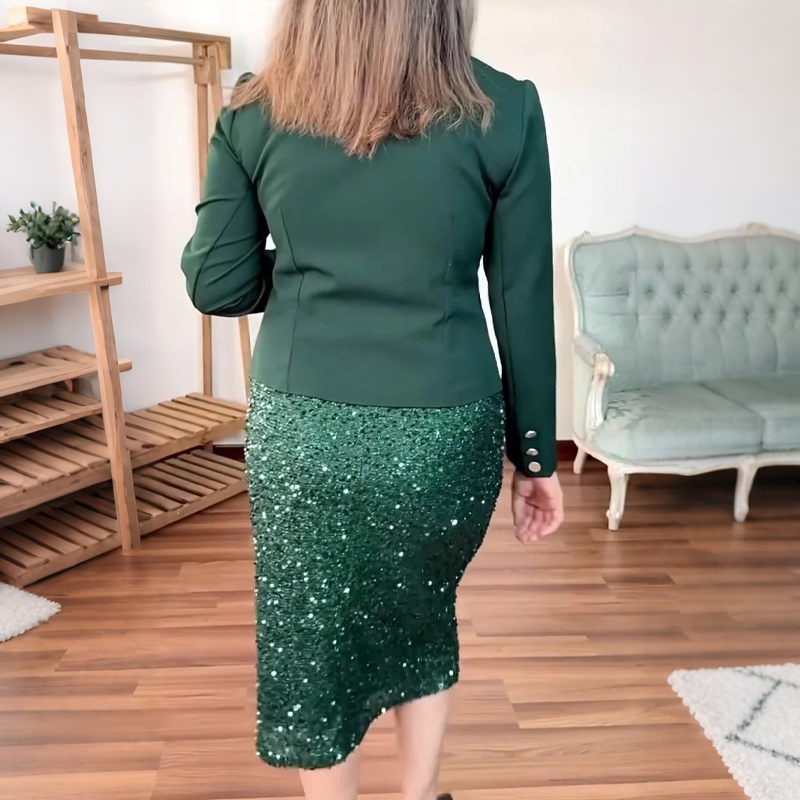 Women's Round Neck Blazer & Sequin Pencil Skirt Set