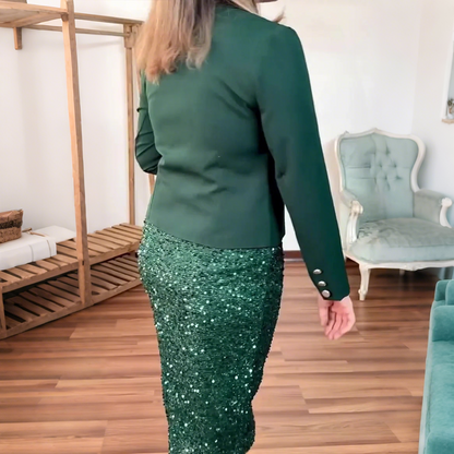 Women's Round Neck Blazer & Sequin Pencil Skirt Set