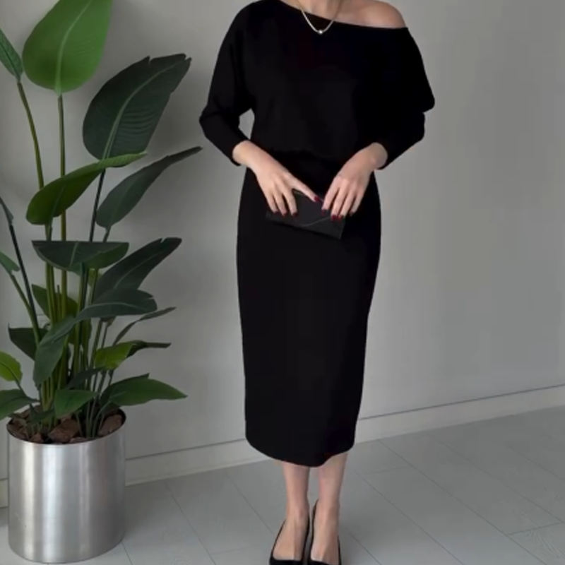 Elegant Off-Shoulder Dress with Elastic Waist