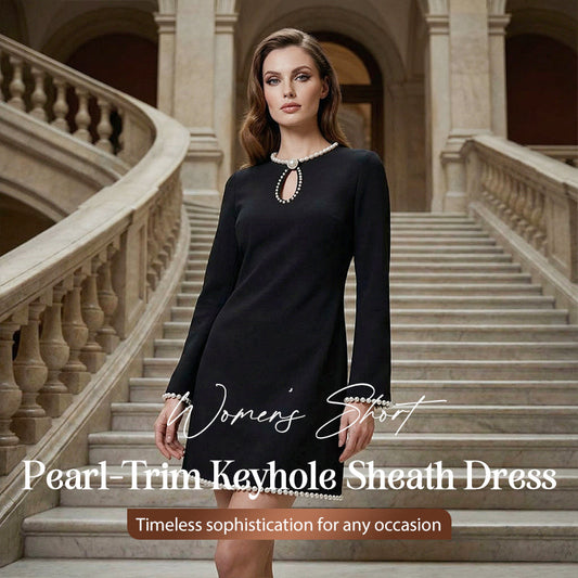 Women’s Short Faux Pearl-Trim Keyhole Sheath Dress