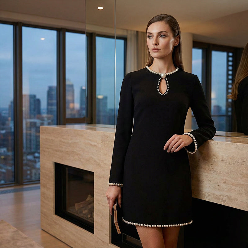 Women’s Short Faux Pearl-Trim Keyhole Sheath Dress